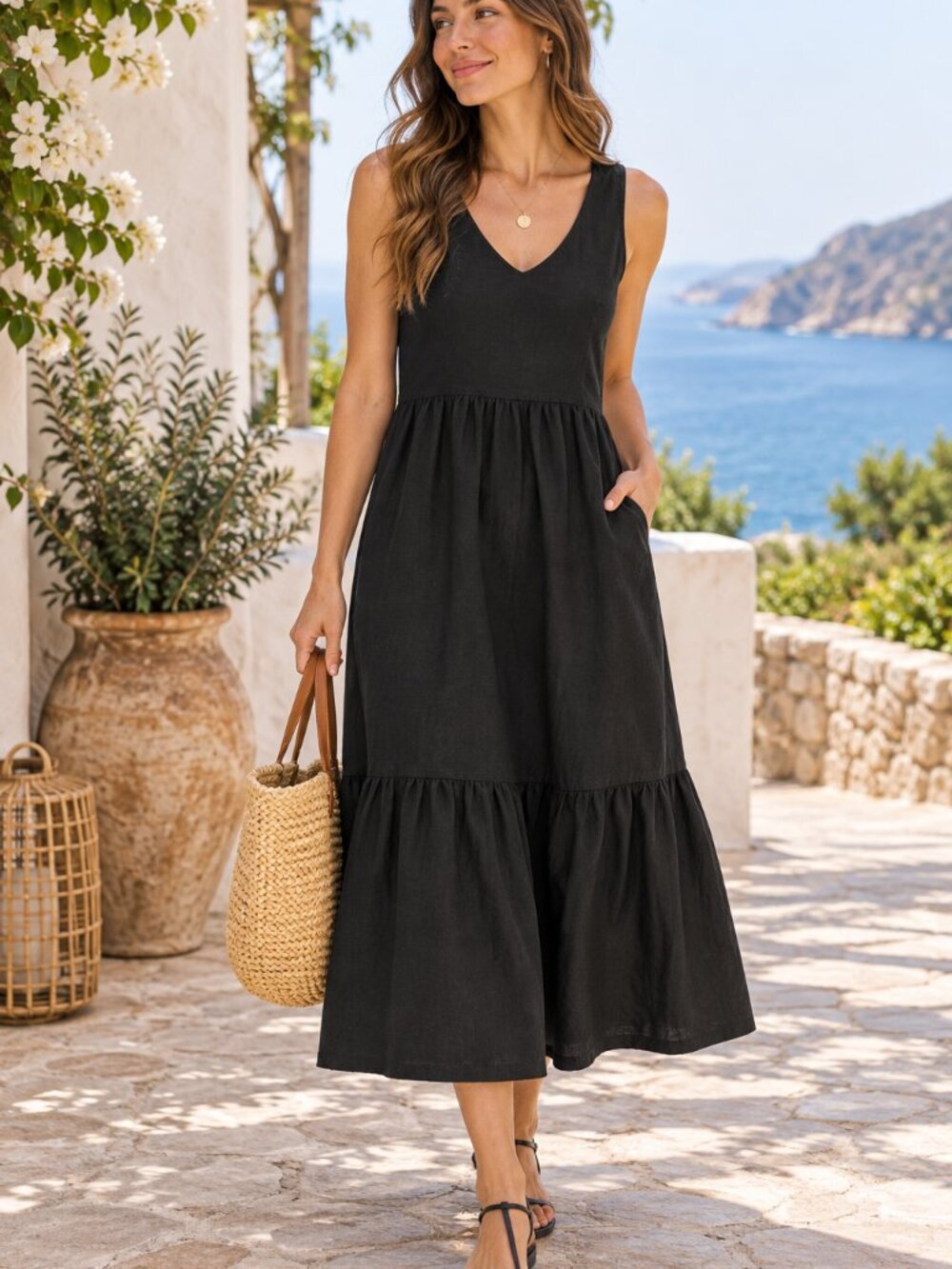 Pact Women's Black Canopy Linen Blend Easy Tank Maxi Dress XL
